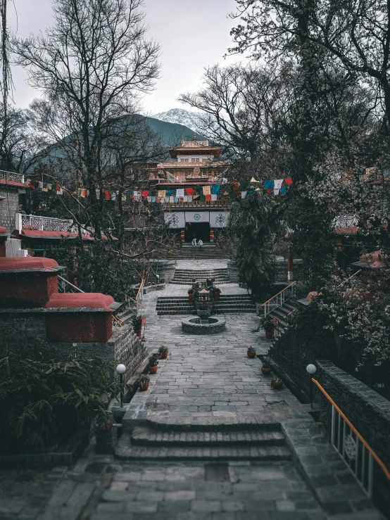 a walkway in the middle of a town surrounded by trees, unsplash contest winner, thangka, gloomy earthy colors, lower and upper levels, himalayas