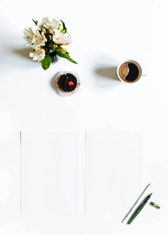 a laptop computer sitting on top of a desk next to a cup of coffee, a still life, trending on unsplash, minimalism, drawn on white parchment paper, penned with black on white, flowers around, fine dining