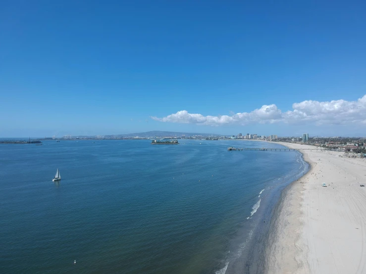 a large body of water next to a sandy beach, by Robbie Trevino, pexels contest winner, hurufiyya, long beach background, clear skies in the distance, port city, bird\'s eye view