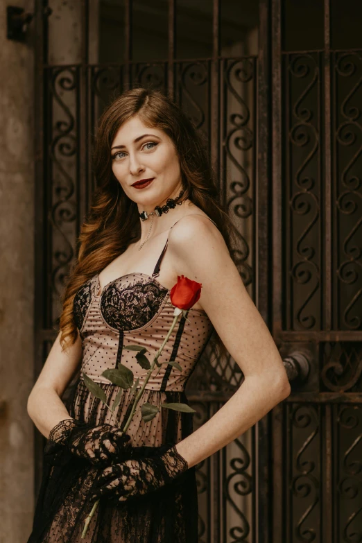 a woman in a dress standing in front of a gate, an album cover, inspired by Hedi Xandt, pexels contest winner, art nouveau, holding a rose, brown corset, portrait of alexandra daddario, detail shot