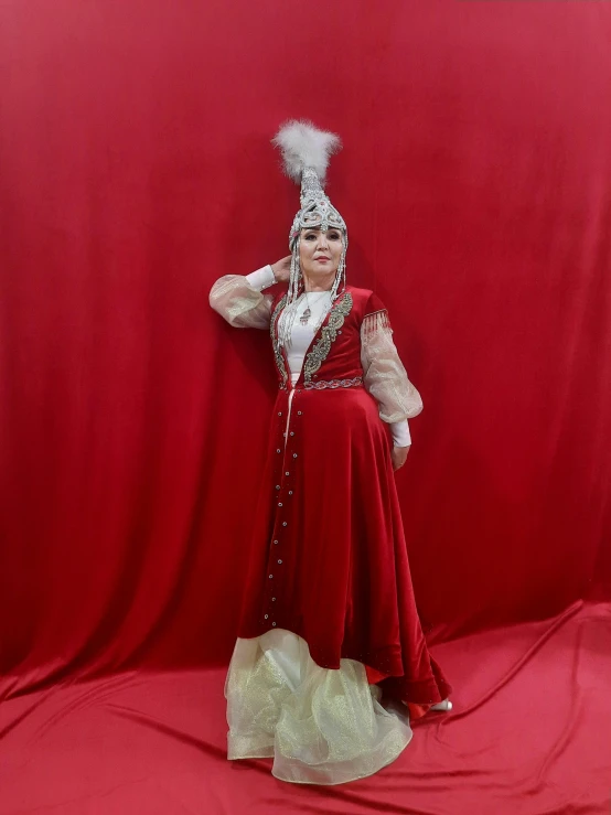 a woman in a red dress posing for a picture, by Alexander Fedosav, reddit, hurufiyya, high quality theatre costume, silver garment, instagram story, red and white color theme