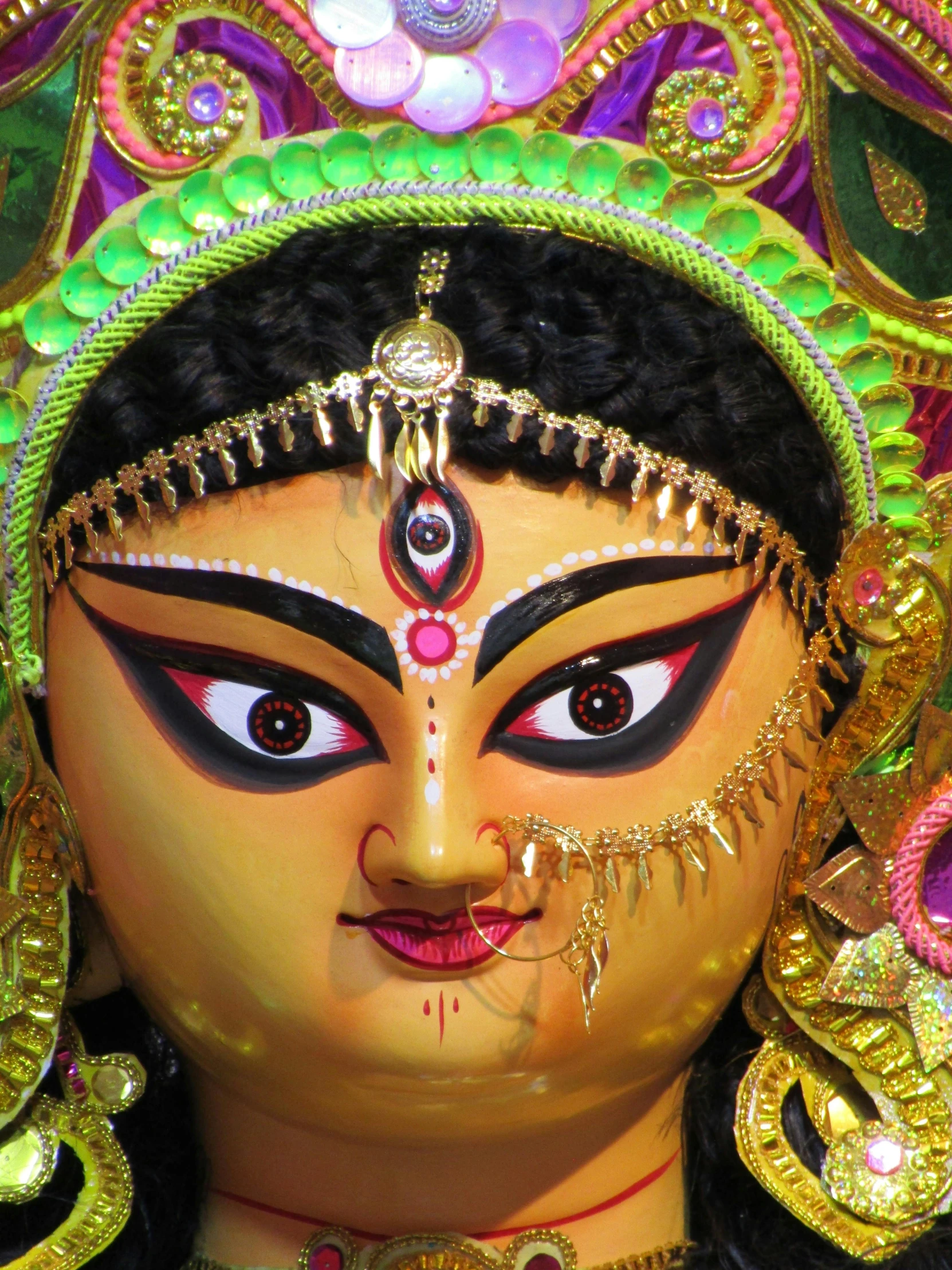 a close up of a statue of a woman, a detailed painting, pexels contest winner, bengal school of art, !5 three eyed goddesses, square, avatar image, looking threatening