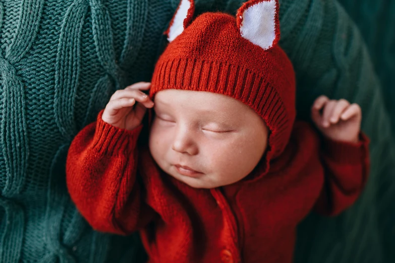 a close up of a baby wearing a red hat, inspired by Anne Geddes, pexels contest winner, symbolism, foxes, asleep, knitted hat, avatar image