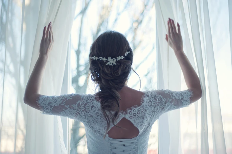 a woman that is standing in front of a window, inspired by Elsa Bleda, pexels contest winner, arabesque, bride, decorations, animation, white lace