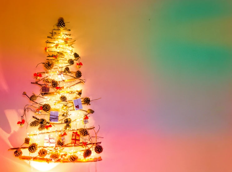 a small christmas tree sitting on top of a table, an album cover, pexels, maximalism, background image, multiple lights, profile image