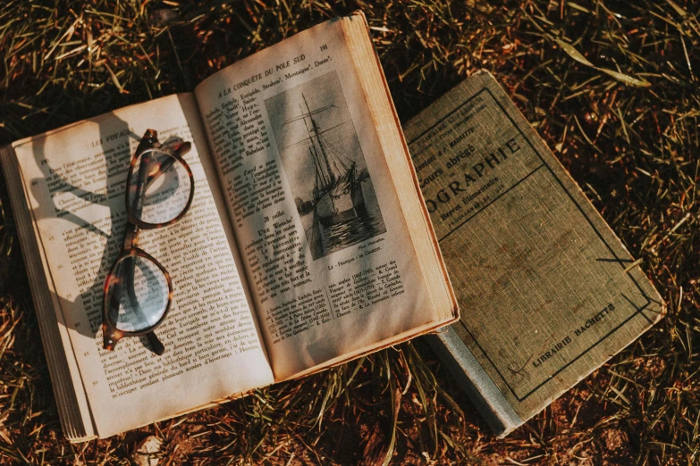 an open book laying on the ground next to a pair of glasses, a photo, pexels contest winner, romanticism, cottage hippie naturalist, magazine, shaded, steampunk aesthetic