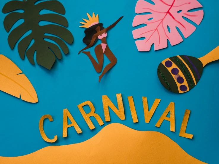 a woman in a bikini swims next to a sign that says carnival, a cartoon, by Julia Pishtar, trending on unsplash, paper cut art, tropical leaves, made of cardboard, jester themed