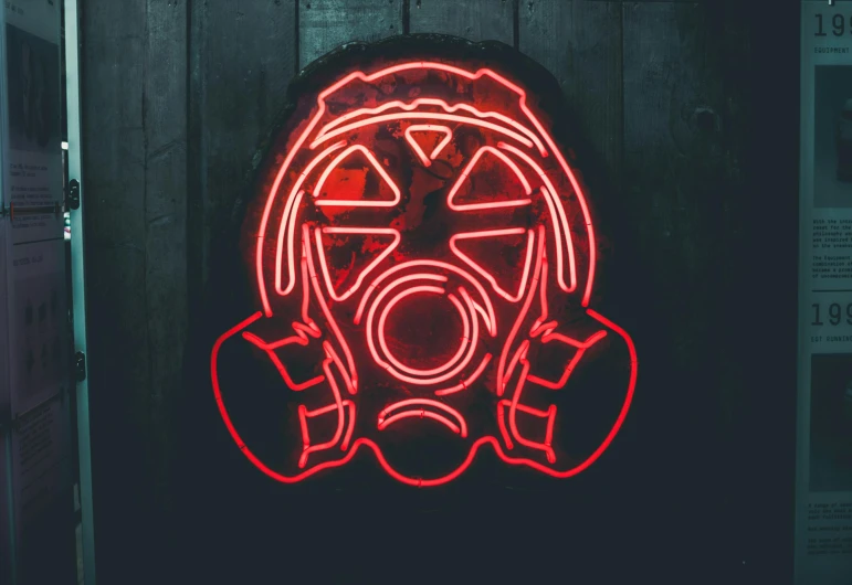 a neon sign with a gas mask on it, pexels contest winner, nuclear art, discord profile picture, trending on artstationhq, red and obsidian neon, profile picture 1024px