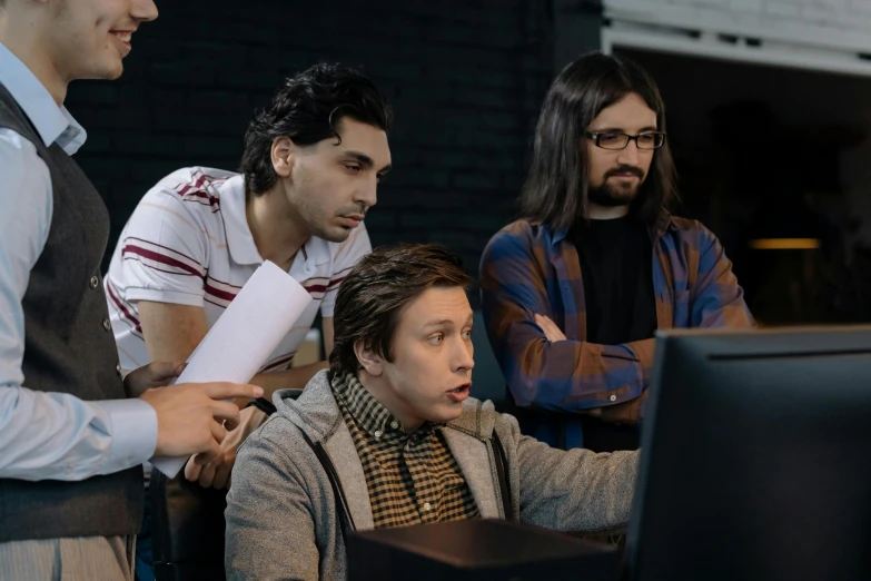 a group of men looking at a computer screen, critical role, looking distracted, ilya golitsyn, mid shot photo