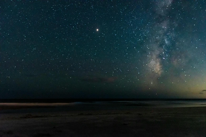 a beach at night with the milky in the sky, by Ryan Pancoast, fan favorite, medium closeup, planets align, southern cross