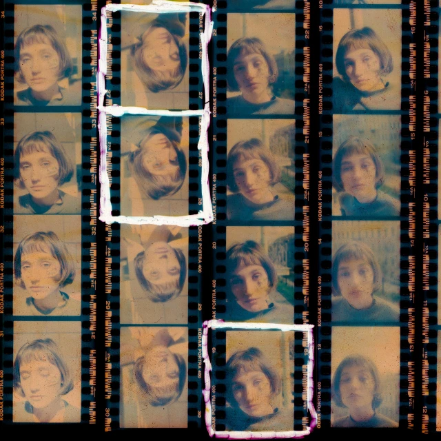 a close up of a film strip with pictures of people, a polaroid photo, inspired by Raoul Ubac, flickr, pop art, winona ryder in repose, 1968 psychedelic, contact sheet, detailed color scan”