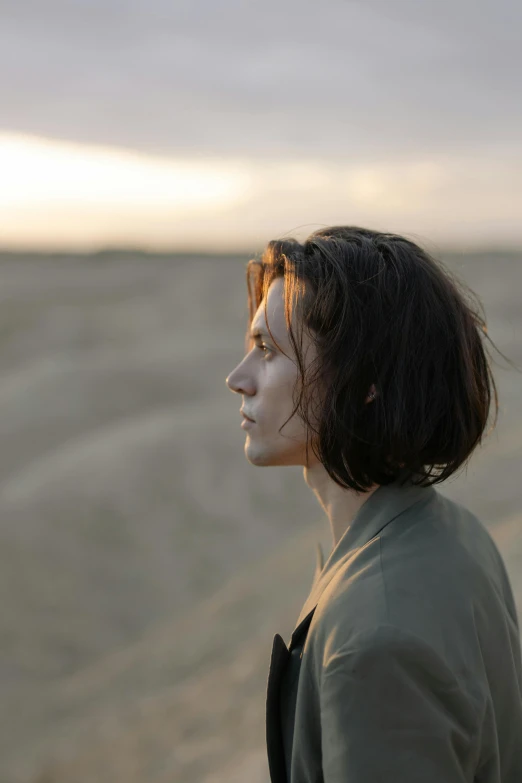 a woman standing on top of a sandy beach, a picture, by Jan Tengnagel, unsplash, portrait of timothee chalamet, standing in the plains of rohan, profile image, dafne keen