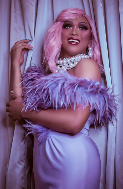 a woman with pink hair posing for a picture, an album cover, inspired by reyna rochin, trending on pexels, purple fur, pearls, indoor picture, mai anh tran