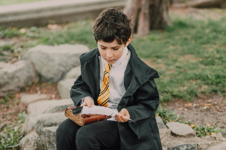 a young boy sitting on a rock reading a book, pexels contest winner, heidelberg school, hogwarts style, costume, school uniform, gif