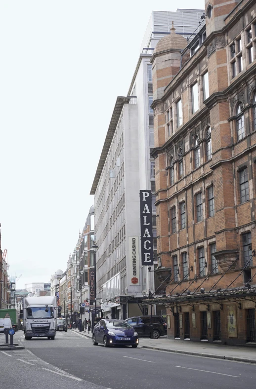 a bus driving down a city street next to tall buildings, by Ian Hamilton Finlay, renaissance, an old cinema, pillhead, balconies, john pawson