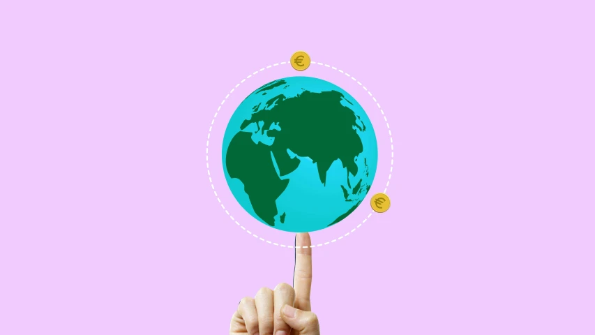 a person holding up a finger with a picture of the earth on it, a digital rendering, trending on pexels, conceptual art, currency symbols printed, purple, globes, flat colour