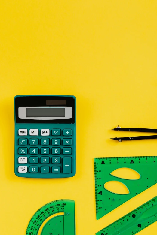 a calculator, ruler, and other school supplies on a yellow background, thumbnail, modeled, impactful, smooth in _ the background