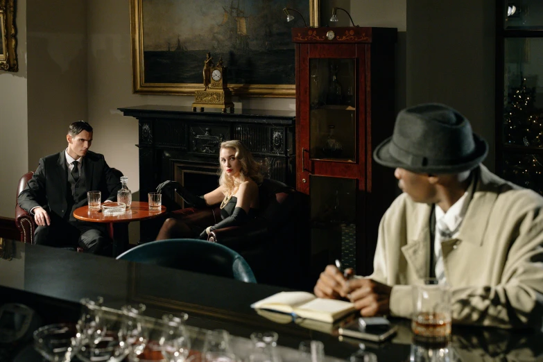 a group of people sitting around a table, speakeasy bar background, shot on hasselblad, ap art