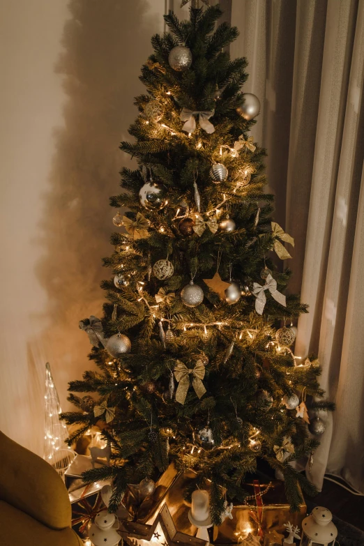 a small christmas tree in the corner of a room, by Jakob Gauermann, pexels, silver with gold accents, evening, tall, gif