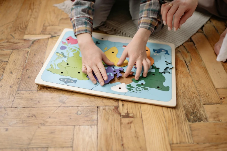 a child playing with a puzzle on the floor, a jigsaw puzzle, by Julia Pishtar, based on geographical map, biodiversity all round, on a wooden tray, edge to edge