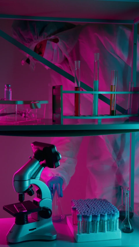 a microscope that is sitting on top of a table, a hologram, inspired by Mike Winkelmann, brightly lit pink room, in an underground laboratory, overview, cyan and magenta