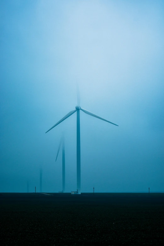 a group of wind turbines sitting on top of a field, a picture, by Jan Tengnagel, unsplash contest winner, minimalism, cyan fog, industrial photography, shot on hasselblad, blue gray