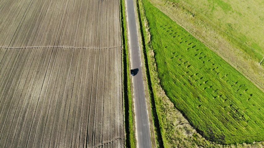 an aerial view of a car driving down a country road, by Julian Allen, land art, lone person in the distance, an approaching shadow, rows of lush crops, looking onto the horizon