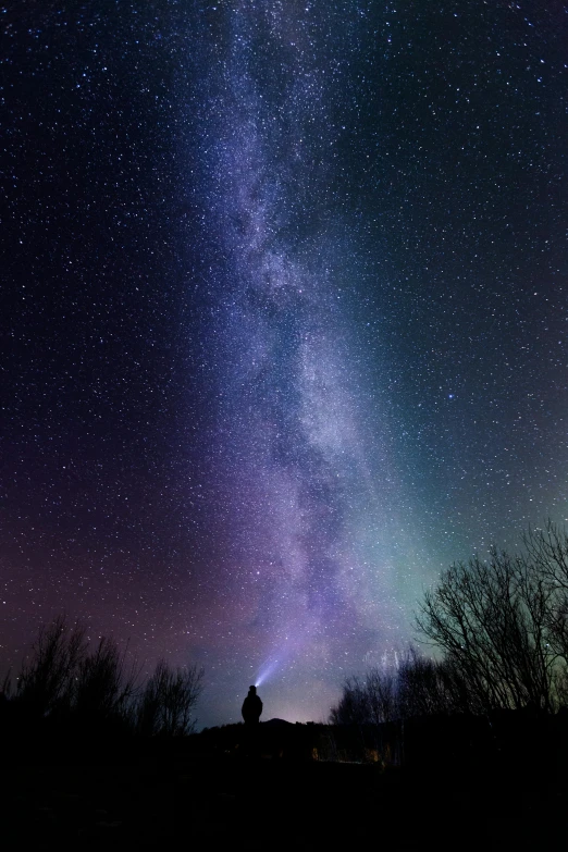 a person standing on top of a hill under a sky filled with stars, pexels contest winner, light and space, space colors, a cosmic canada goose, minn, the milk way up above