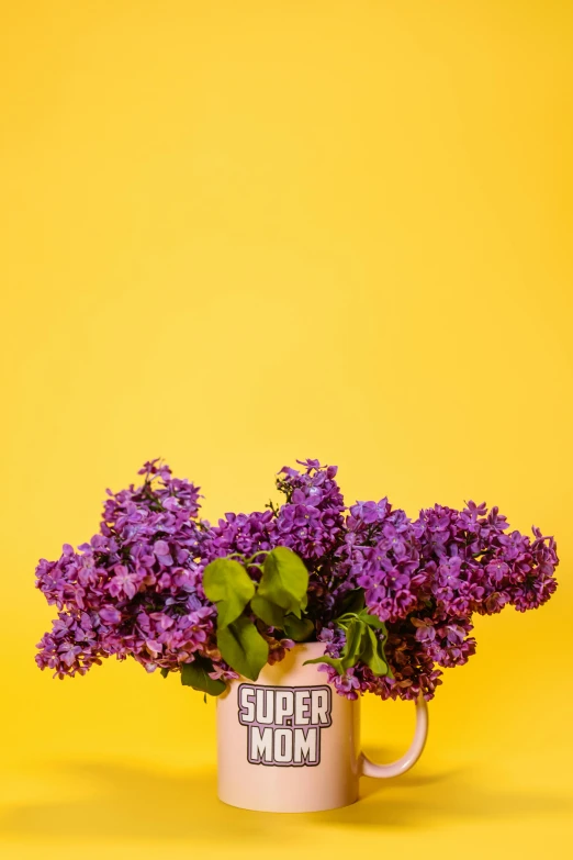 a vase filled with purple flowers on a yellow background, a colorized photo, shutterstock contest winner, super hero, lilacs, label, rebecca sugar