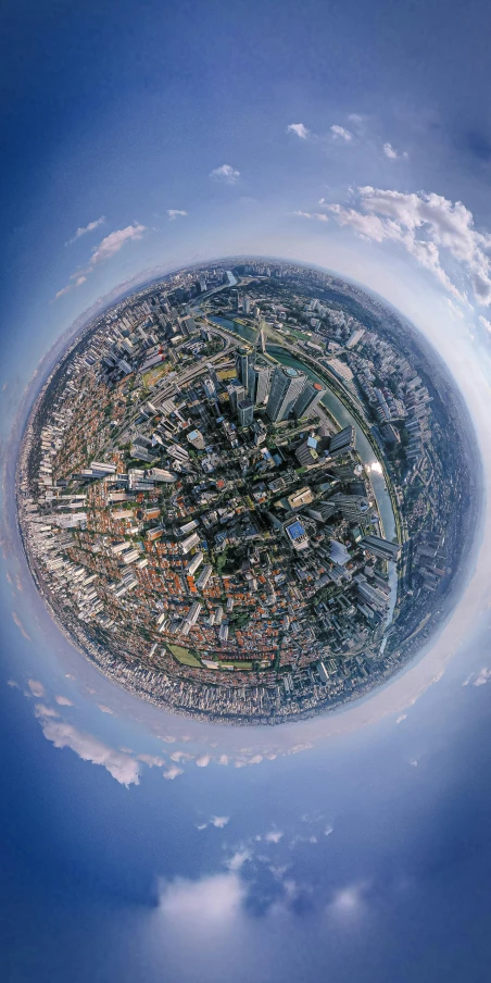 an aerial view of a city in the sky, circular planet behind it, worms-eye-view, birds eye photograph, ((fish eye))