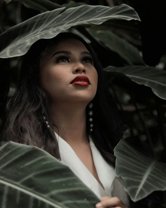 a woman with a big leaf on her head, inspired by Ruth Jên, trending on unsplash, sumatraism, thick red lips, lgbtq, looking out, alluring plus sized model