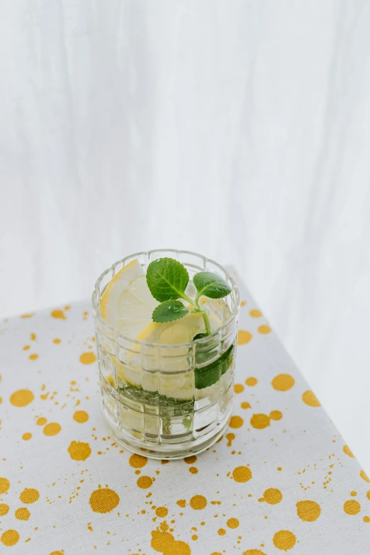 a glass of lemonade sitting on top of a table, botanicals, white and yellow scheme, mint, boke