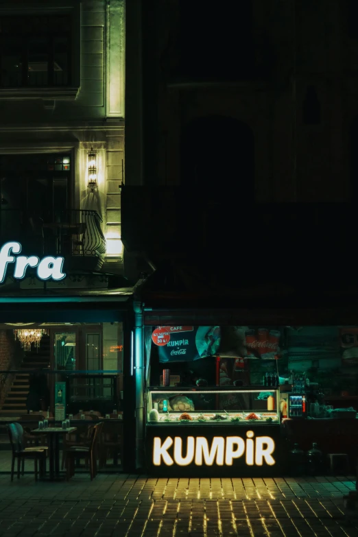 a restaurant that is lit up at night, an album cover, by Alfred Freddy Krupa, unsplash contest winner, hurufiyya, shop front, karma, screenshot from a movie, promo image