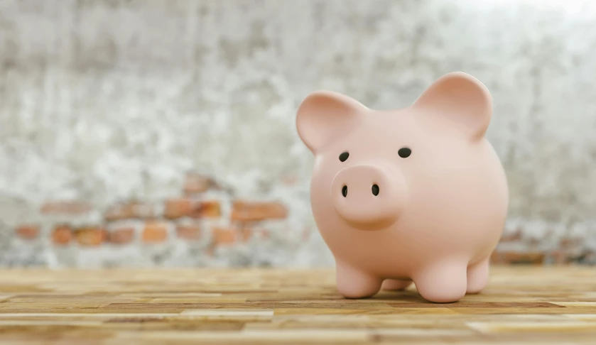 a pink piggy bank sitting on top of a wooden floor, pixvy, blurred, conor walton, wooden banks