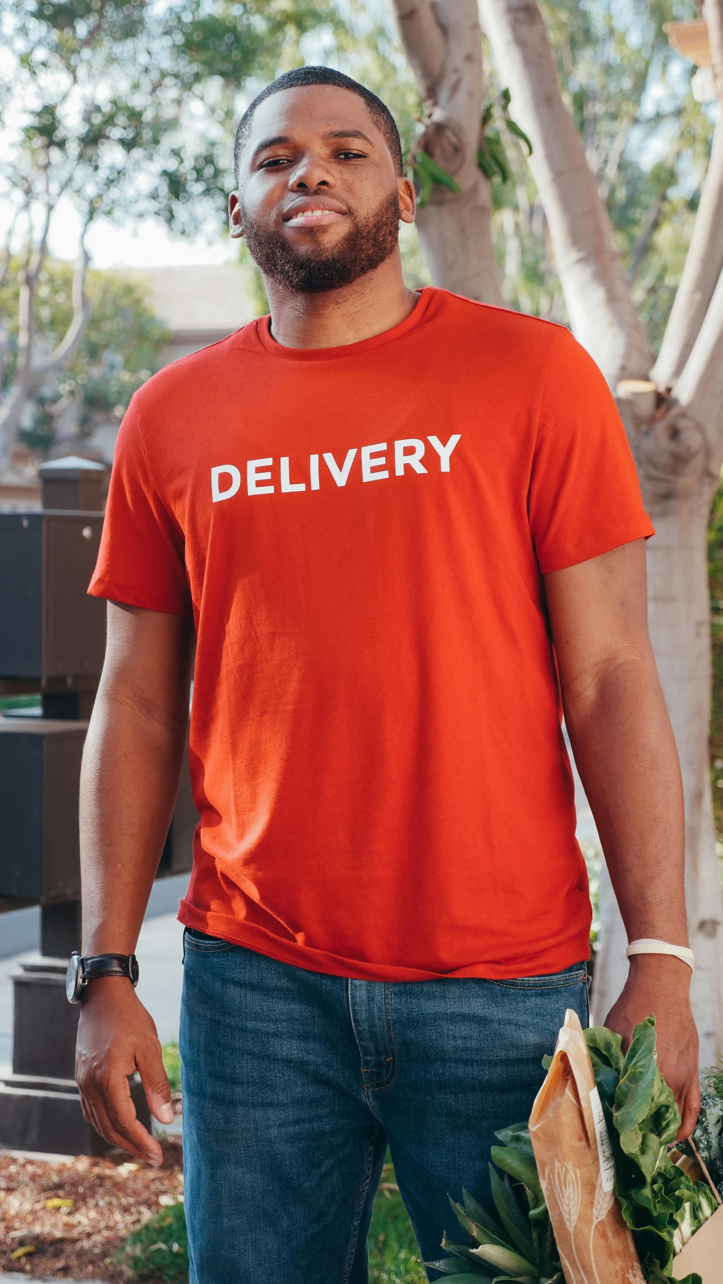 a man in an orange shirt holding a bag of vegetables, a cartoon, pexels, hurufiyya, logo for lunch delivery, red t-shirt, in white lettering, delivering mail