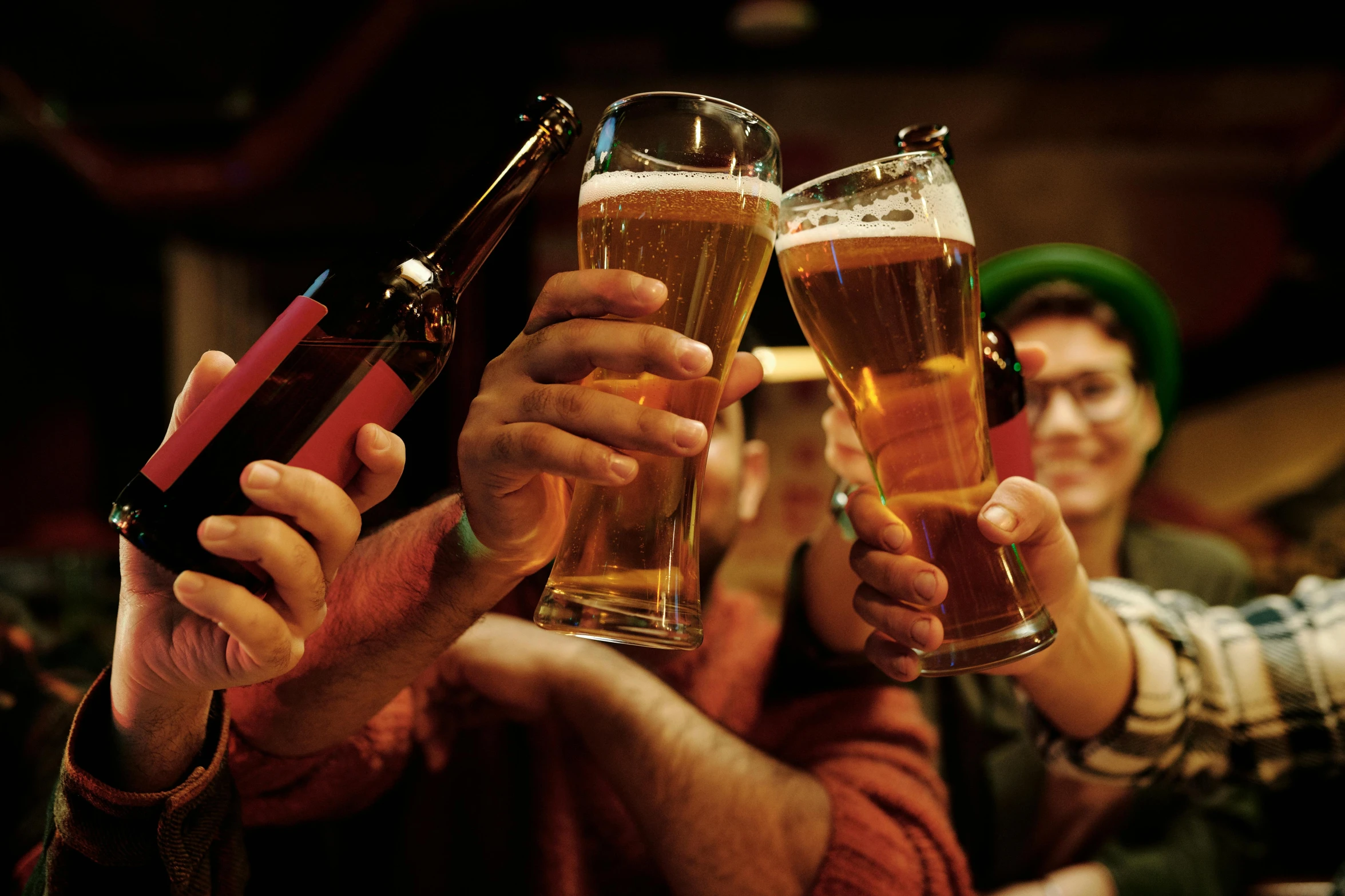 a group of people holding up beer glasses, a photo, shutterstock, renaissance, instagram post, high resolution photo, close medium shot, multicoloured