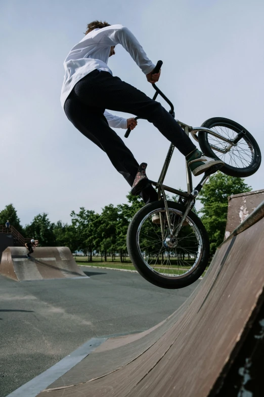 a man riding a bike up the side of a ramp, inspired by Seb McKinnon, at a park, circle pit, cubic, brown