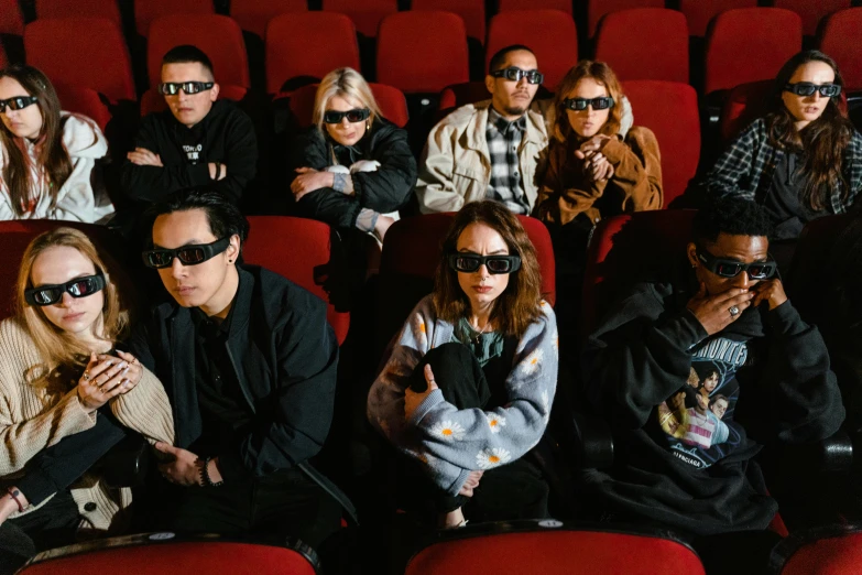 a group of people sitting in a theater wearing 3d glasses, a cartoon, trending on pexels, realism, hedi slimane, vetements, in australia, wong kar wai