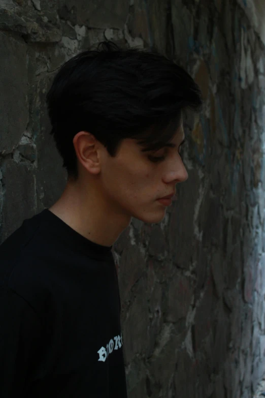 a young man standing in front of a stone wall, an album cover, inspired by Jean Malouel, pexels contest winner, hyperrealism, attractive androgynous humanoid, headshot profile picture, wearing a black shirt, khyzyl saleem