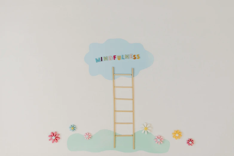 a picture of a ladder going up to a cloud, inspired by Saneatsu Mushanokōji, minimalism, activity play centre, stickers, full product shot, kindness