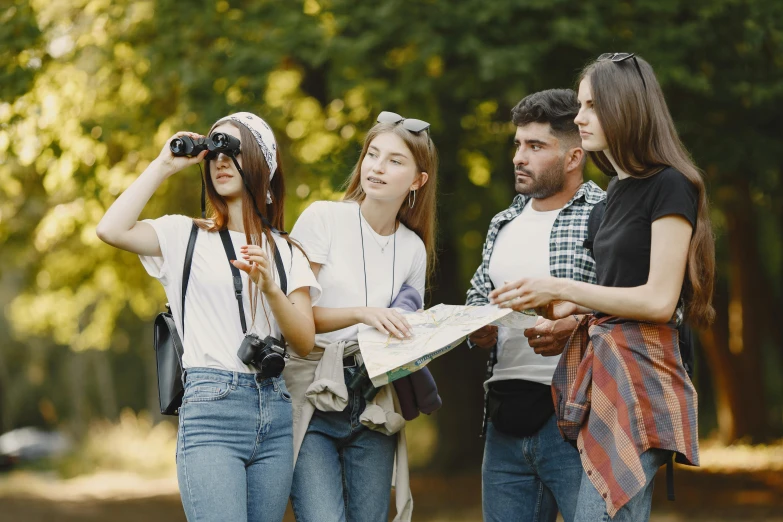 a group of young people standing next to each other, a picture, trending on pexels, tourist map, bird sight, people on a picnic, avatar image