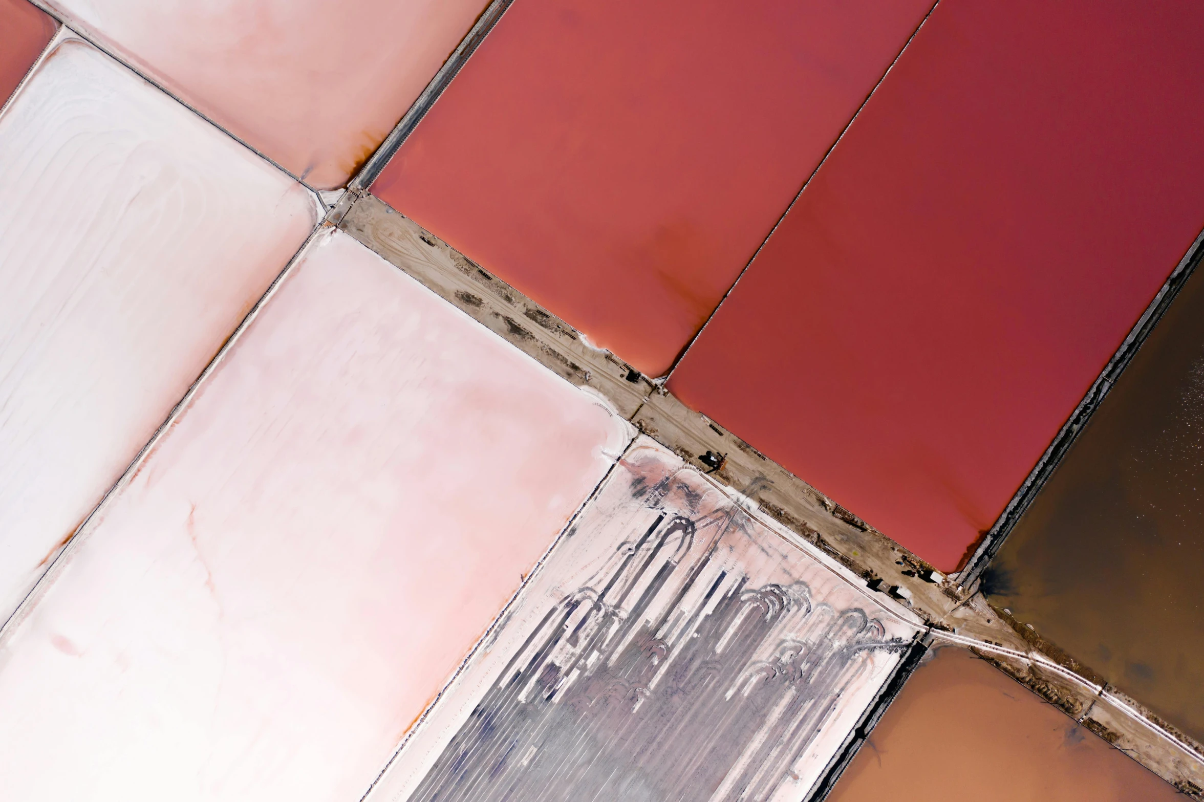 a close up of a tiled floor with red and white tiles, inspired by Christo, color field, reflections in copper, pink, solarised, sky view