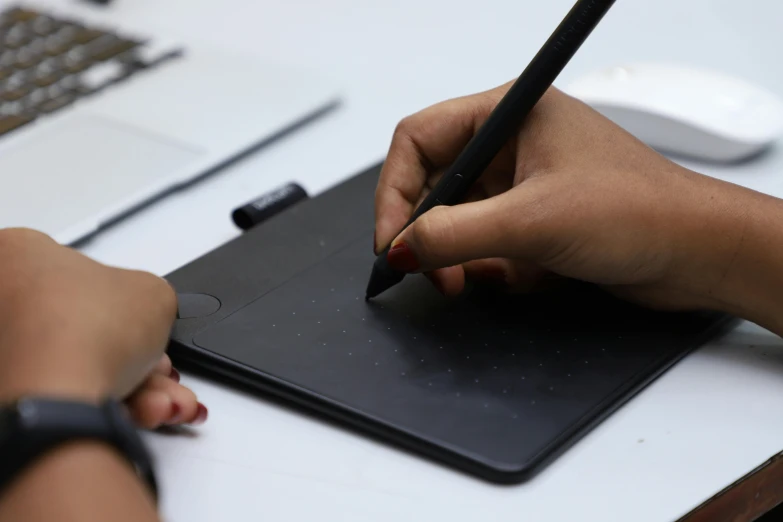 a close up of a person writing on a tablet, a drawing, computer art, matte black paper, 9 9 designs, academic painting, thumbnail