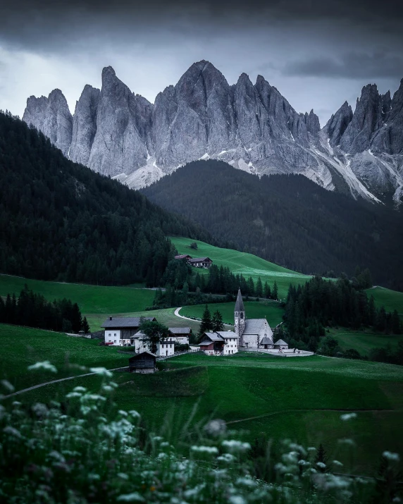 a view of a small village in the mountains, unsplash contest winner, renaissance, majestic spires, medium format, nature photo, grey