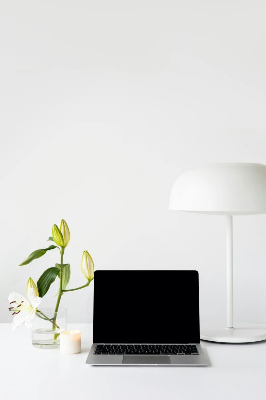 a laptop computer sitting on top of a white desk, inspired by Eero Snellman, minimalism, lights with bloom, black on white, clean background, dwell