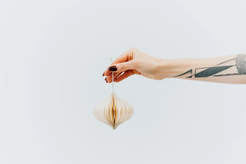 a person holding a paper ornament in their hand, by Kristian Zahrtmann, trending on unsplash, minimalism, clean white background, spike shell, holding a magic needle, hanging