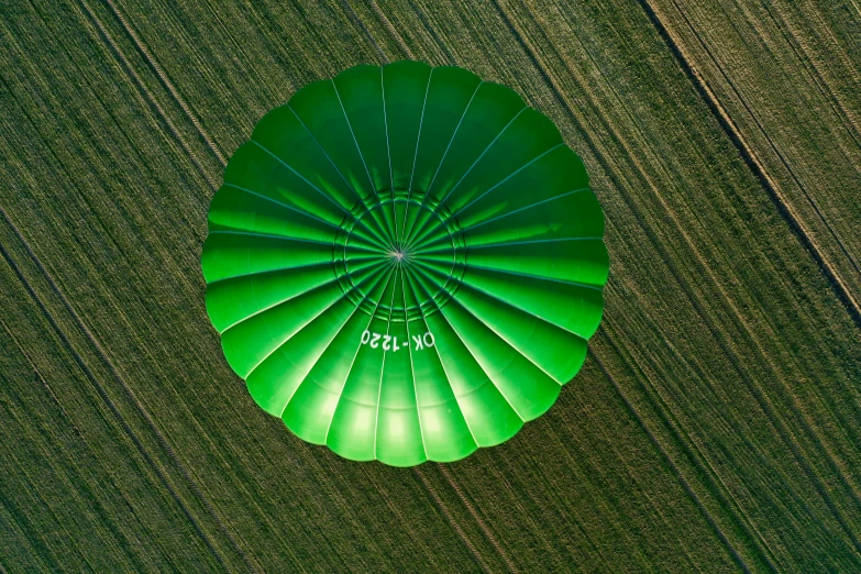 a green parachute in the middle of a field, by Adam Marczyński, close-up from above, ready to eat, slick design, round-cropped