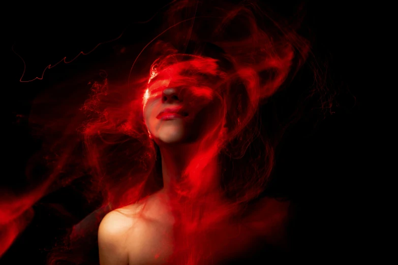 a woman with red smoke coming out of her face, by Adam Marczyński, art photography, glowing red, she is attracting lightnings, lilith, high resolution print :1 red