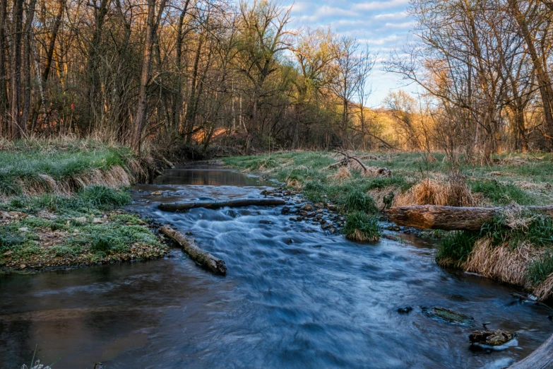 a stream running through a lush green forest, a picture, by Alexander Runciman, unsplash contest winner, old american midwest, golden hour photo, thumbnail, blue