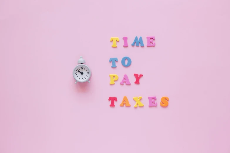 a clock and the words time to pay taxes on a pink background, by Andries Stock, trending on pexels, on a gray background, 🎀 🍓 🧚, ƒ5.6, sha xi